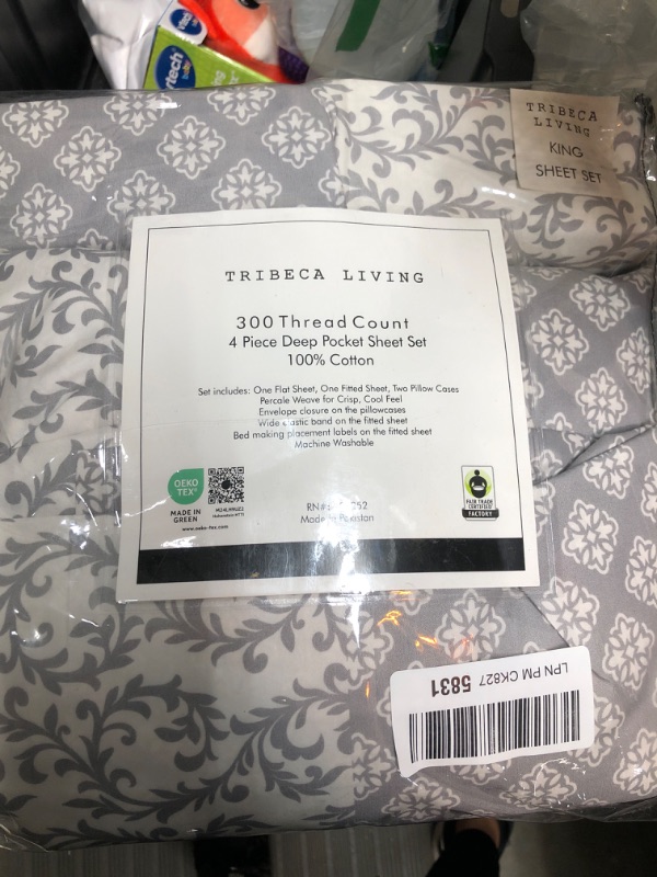 Photo 1 of **GREY**Tribeca Living Cotton Percale Sheets King Size, Extra Deep Pocket Bed Sheet Set, 300 Thread Count, Printed Danielle Paisley Blue Danielle Paisley Blue King