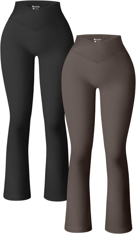 Photo 1 of 
OQQ Women's 2 Piece Yoga Pants Ribbed Seamless Workout High Waist Cross Over Bell Bottoms Exercise Flare Leggings XL