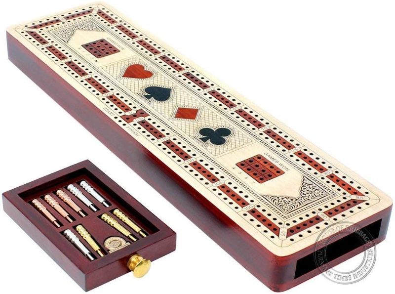 Photo 1 of 
House of Cribbage - 3 Track Continuous Cribbage Board Inlaid in Maple Wood/Bloodwood - Size: 12.5 Inch - Wood Inlaid Card Symbols (Suits) + Storage Drawer...