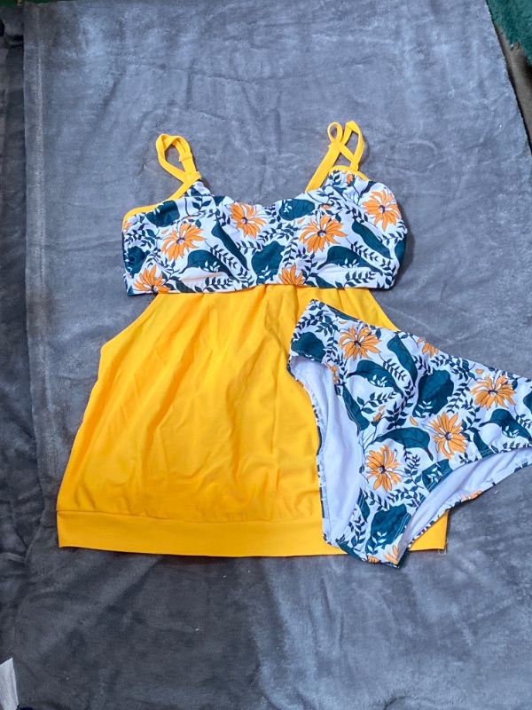 Photo 1 of Medium green flower print and yellow bathing suit 