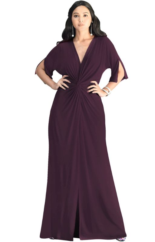 Photo 1 of KOH KOH Womens Long Short Sleeve V-Neck Sexy Slimming Casual Summer Maxi Dress Large Maroon Wine Red Large