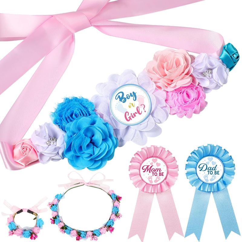 Photo 1 of 
Riceshoot Boy or Girl Maternity Flower Sash and Corsage Set Gender Reveal Decorations Mom to Be Dad to Be Pin with Headband Wristband for Baby Shower Gender...