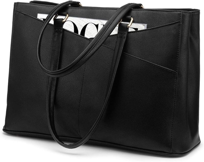 Photo 1 of Laptop Bag for Women Leather 15.6 Inch Laptop Work Tote for Computer Bag Waterproof Business Office Professional Large Capacity Handbag School Shoulder Bag Black