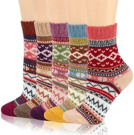 Photo 1 of 5 Pairs Womens Wool Socks Winter Warm Socks Crew Casual Hiking Socks Gifts Medium Mixed Color Stripes