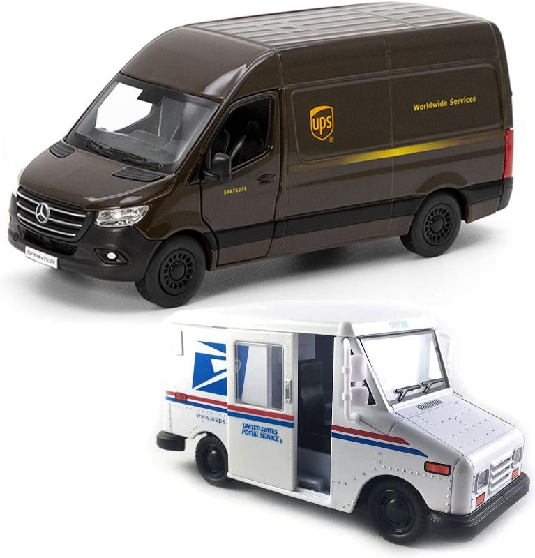 Photo 1 of ? UPS Mercedes-Benz Sprinter + ? United States Postal Mail Truck Grumman LLV 5 Inch Die Cast Metal Model Toys SetOf2