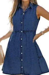 Photo 1 of Denim Dress for Women Sleeveless Babydoll Button Down Short Jean Dresses Cute Summer size xs