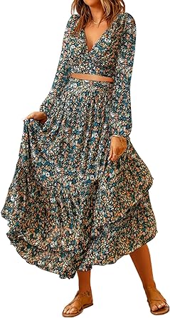 Photo 1 of Dokotoo Women's Boho Dress Deep V Neck 2 Piece Outfits Long Puff Sleeve Skirt Sets Tie Waist Wrap Chiffon Flowy Maxi Dresses size medium 