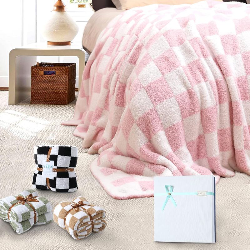 Photo 1 of Checkered Throw Blanket, Knitted Checkerboard Grid Warmer Fluffy Shaggy Soft Cozy Fuzzy Bed Best Gifts for Mom Women with Box for Home Chair Sofa Couch
