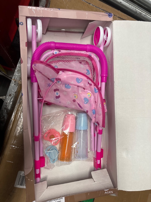 Photo 3 of BABESIDE 5PCS Baby Doll Accessories Baby Dolls Stroller for 12-16 Inch Dolls with Feeding Bottles and Magnetic Pacifiers,Pink