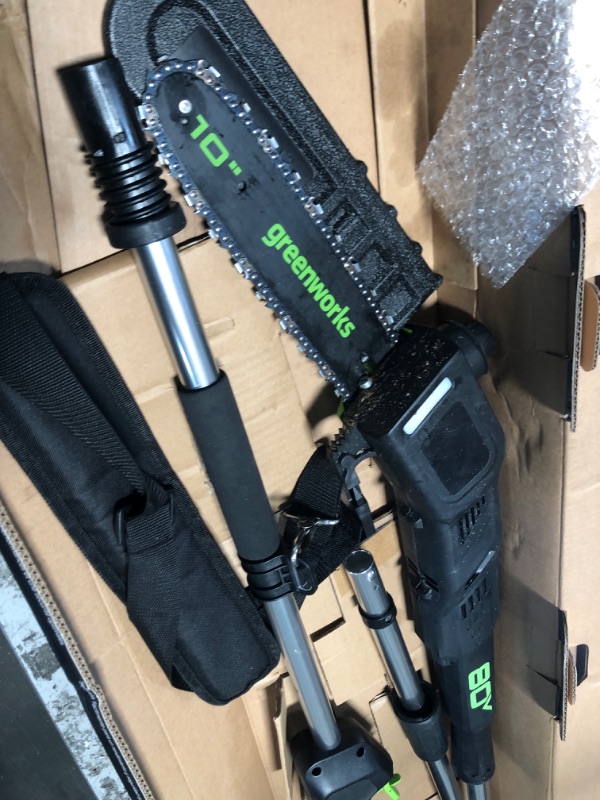 Photo 4 of * UNTESTED MISSING BATTERY* Greenworks 80V 10" Brushless Cordless Polesaw (Great For Pruning and Trimming Branches / 75+ Compatible Tools), 2.0Ah Battery and Charger 10" Brushless - Gen 2 (2.0Ah)