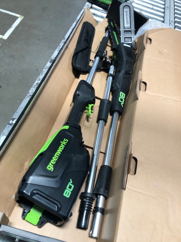 Photo 2 of * UNTESTED MISSING BATTERY* Greenworks 80V 10" Brushless Cordless Polesaw (Great For Pruning and Trimming Branches / 75+ Compatible Tools), 2.0Ah Battery and Charger 10" Brushless - Gen 2 (2.0Ah)