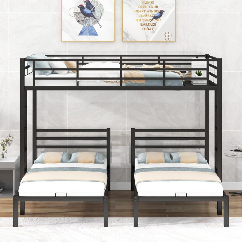 Photo 1 of * INCOMPLETE SET BOX 1/2* Triple Bunk Bed for 3, Full Over Twin&Twin Bunk Bed with Built-in Shelf, Ladder and Full-Length Guardrails, Heavy Duty Metal Triple Bunk Beds for Kids, Boys, Girls, Teens & Adults
