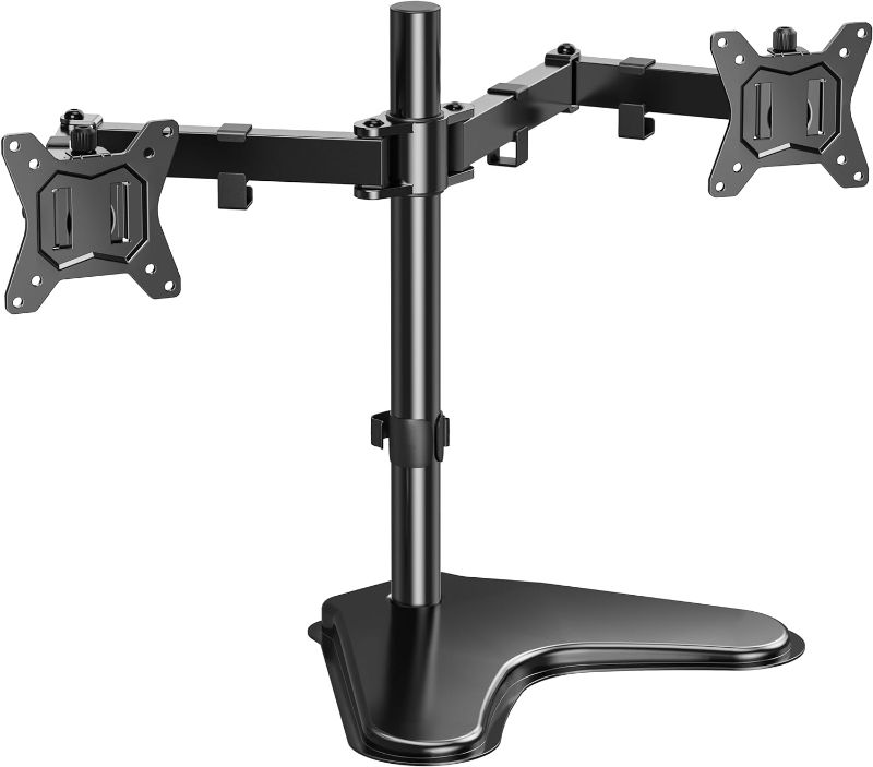 Photo 1 of HUANUO 13-32 inch Dual Monitor Stand for Desk, Free Standing Monitor Stands for 2 Screens up to 17.6lbs per Arm, Fully Adjustable Dual Monitor Mount with Tilt, Swivel, Rotation, Max VESA 100x100mm
