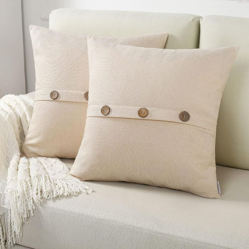 Photo 1 of (NON-REFUNDABLE) Cream White Linen Decorative Throw Pillow Covers 22x22 Inch Set of 2, Square Cushion Case with Vintage Button/Zipper,Modern Farmhouse Home Decor for Couch,Bed Cream White 22"x22"