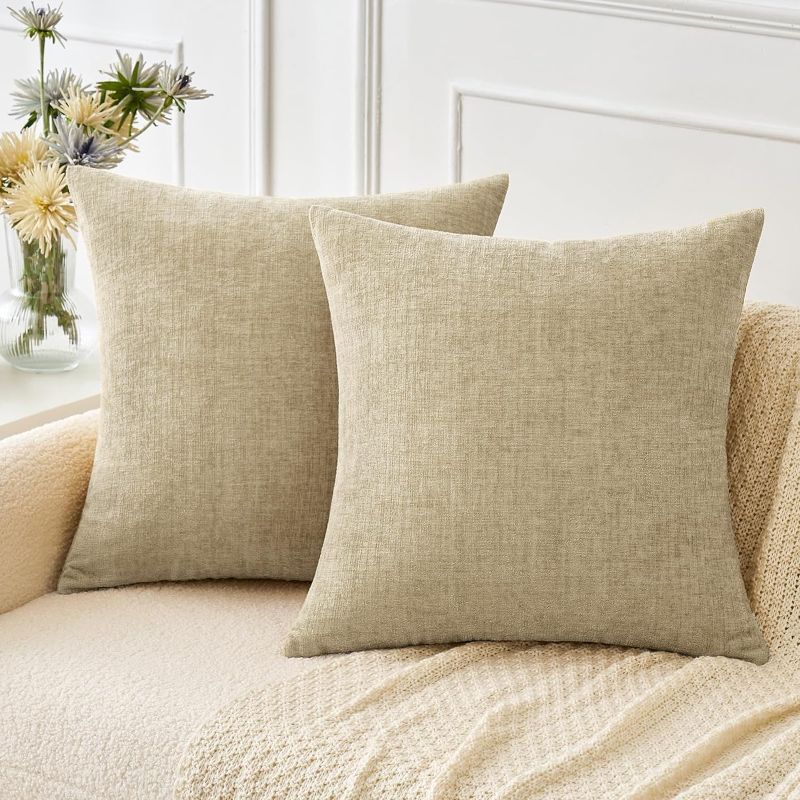 Photo 1 of *COVERS ONLY* MIULEE Pack of 2 Beige Throw Pillow Covers 18x18 Inch Soft Chenille Pillow Covers for Sofa Living Room Couch Solid Dyed Cases
