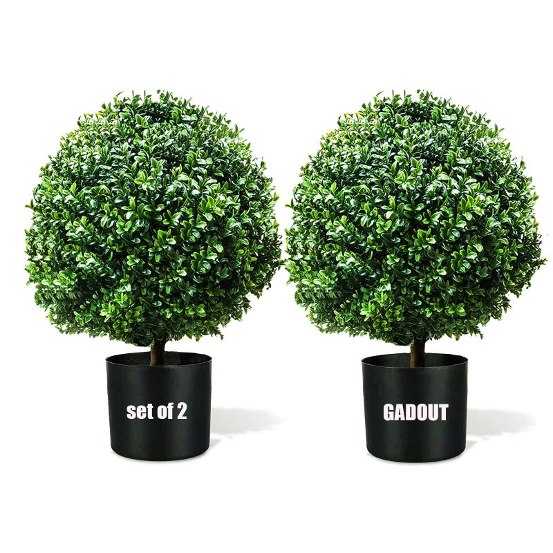 Photo 1 of 24''T 16''D Artifical Boxwood Topiary Ball for Outdoors Set of 2 Potted Bushes Home Decor Artificial Boxwood Plants for Front Porch Green