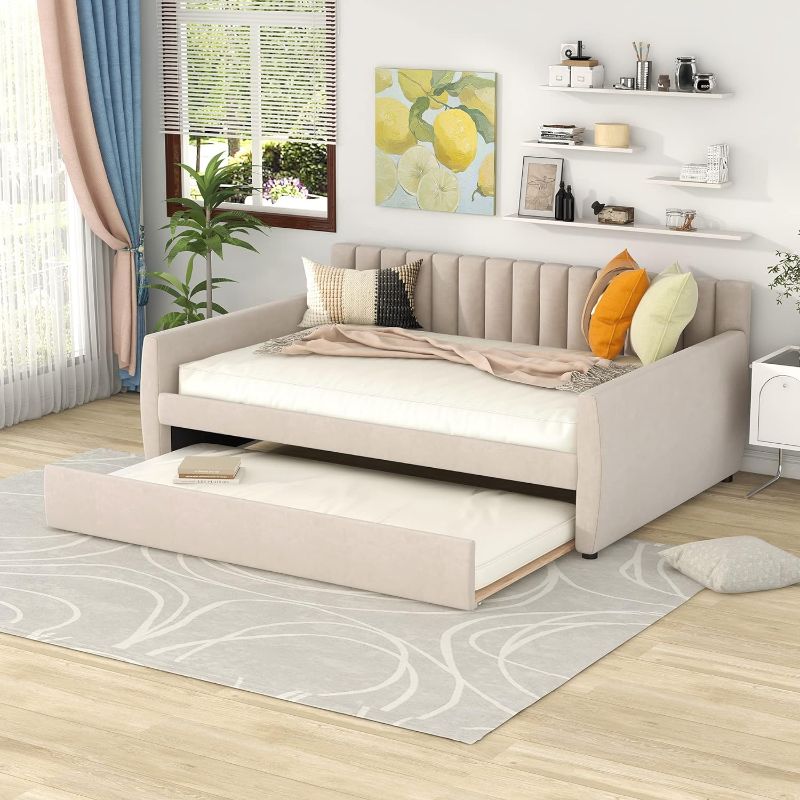 Photo 1 of **SEE NOTES**Full Size Daybed with Trundle, Upholstered Day Bed Frame Velvet Sofa Beds with Vertical Channel Tufted Headboard for Living Room, Bedroom, GRAY (BOX 2 ONLY)
