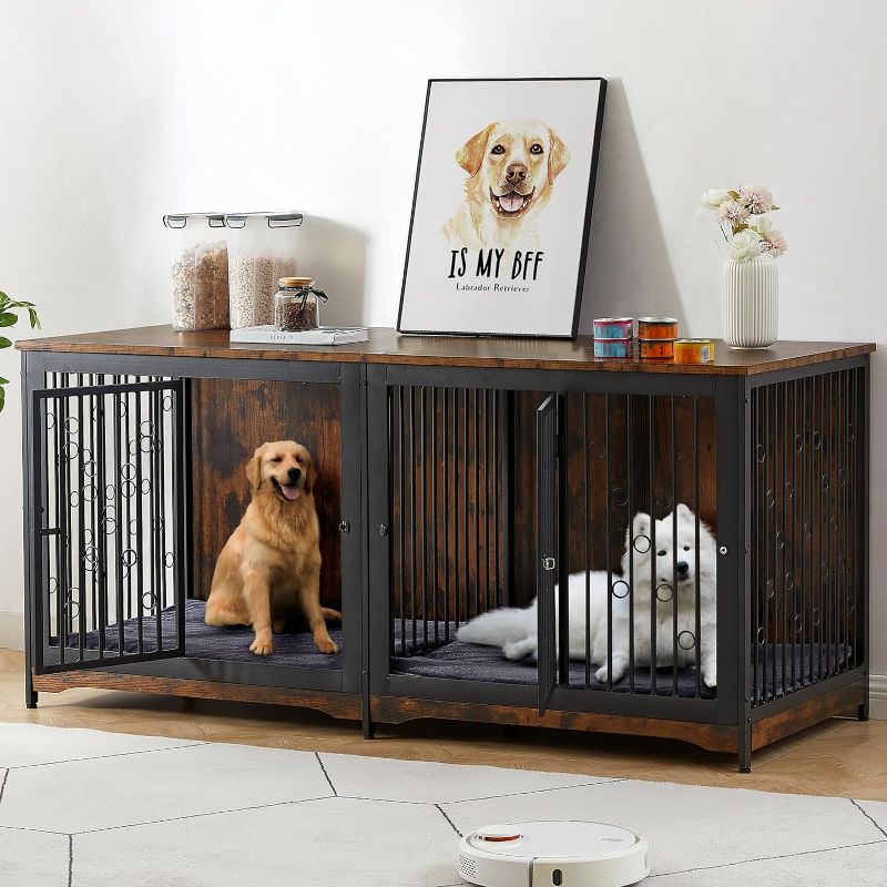 Photo 1 of Lyromix 70.86'' Dog Crate Furniture Large Breed TV Stand with Cushion & Double Rooms,Wooden Dog Kennel Dog Crate End Table with Removable...
