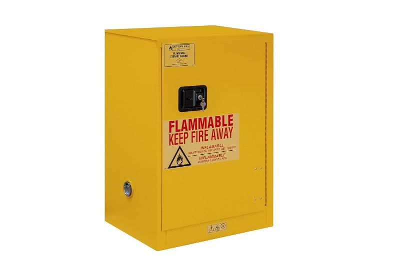 Photo 1 of **SEE NOTES** Durham FM Approved 1012M-50 Welded 16 Gauge Steel Fire Safety Manual Door Cabinet, 1 Shelves, 12 Gallons Capacity, 18" Length x 23" Width x 35" Height, Yellow Powder Coat Finish
