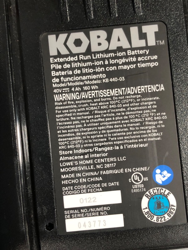 Photo 2 of Kobalt 40-Volt 4-Amps 4.0ah Rechargeable Lithium Ion (Li-Ion) Cordless Power Equipment Battery