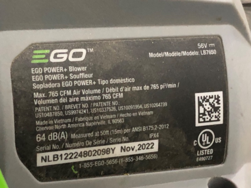 Photo 4 of **SEE NOTES**EGO Power+ LB7654 765 CFM Variable-Speed 56-Volt Lithium-ion Cordless Leaf Blower 5.0Ah Battery and Charger Included, Black 765 CFM Blower Kit  w/ 5.0Ah Battery