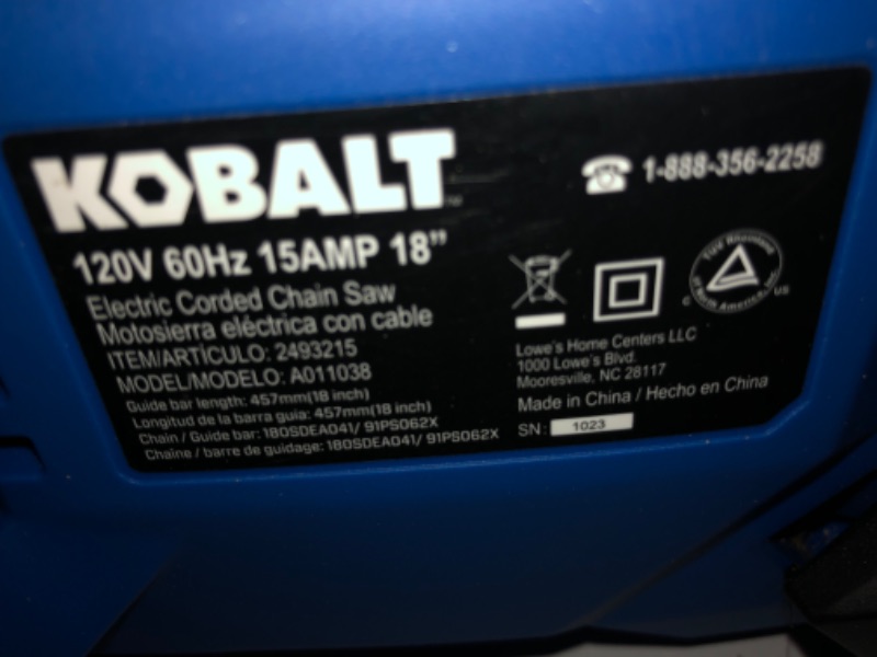 Photo 4 of **SEE NOTES**Kobalt 18 Inch 15 Amp Electric Chain Saw
