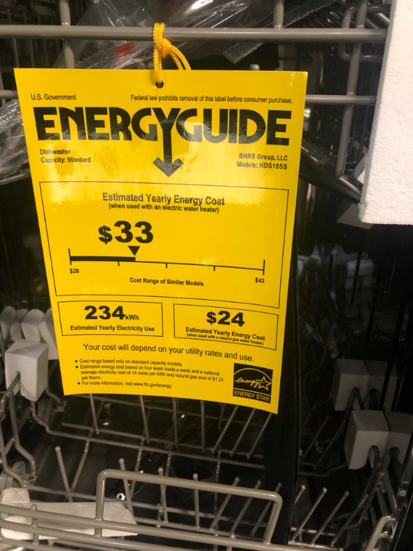 Photo 4 of **STOCK PHOTO FOR REFERENCE ONLY** READ NOTES**
Honeywell 18 Inch Dishwasher with 8 Place settings, 6 Washing Programs, Stainless Steel Tub, UL/Energy Star- Stainless Steel, Model # HDS18SS
