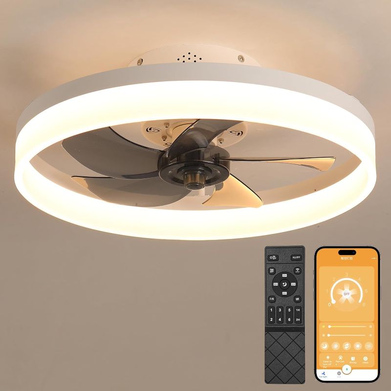 Photo 1 of 19.7" Ceiling Fans With Lights, Semi-enclosed Flush Mount Low Profile Ceiling Fan for Safe Use, 6 Speeds, Reversible, LED Dimmable, 3 Color Temperature Optional, DC Motor,With Remote Minimalist, White
