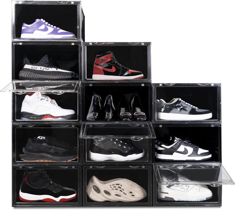 Photo 1 of **ONLY 5 PACK** OLLIE XL Shoe Storage Boxes – Foldable and Stackable Shoe Storage Organizer for Closet – Clear Hard Plastic Big Shoe Storage Box For Up to Size 13 – Acrylic Shoe Box Storage Containers for Jordan, Sneakers, Boots (Black, 6-Pack) 6-Pack Bla