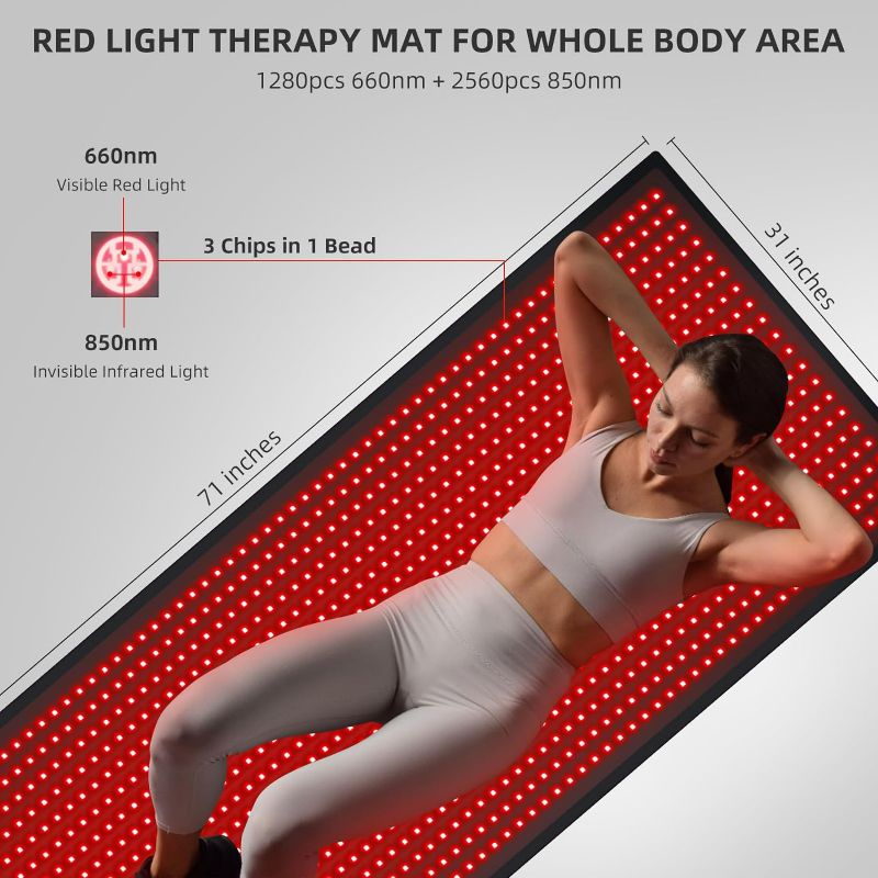 Photo 3 of (NON-REFUNDABLE) Red Light Therapy Mat Full Body 1280PCS, Large 71 Inch 660nm Red Light and 850nm Near Infrared Light Therapy Device Blanket Pads Bed for Body Back Muscle Pain Relief with Pulse Adjustable Timer Gifts 1280 LEDs