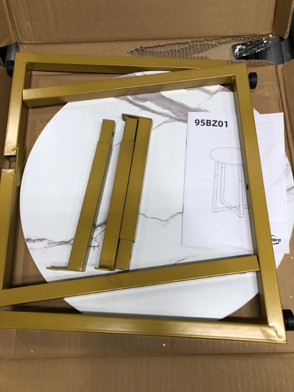 Photo 2 of ***MISSING ONE OF THE GOLD LEG PIECES - UNABLE TO VERIFY FUNCTIONALITY***
Round Side Table, Round Accent End Table with Sturdy X-Shaped Metal Frame, 15.7" Round Nightstand, for Living Room, Bedroom, Balcony, Office, Marble and Gold DM95BZ01 1 Marble + Gol