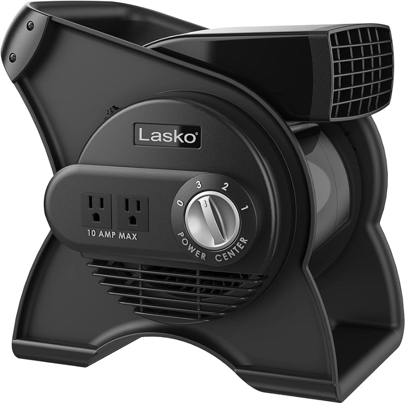 Photo 1 of Lasko 12” Utility Fan for Job Site or Home Use, 289 CFM, Pivoting High Velocity Blower Fans, 3 Speeds, 2 Accessory Outlets 120V, Black, U12104