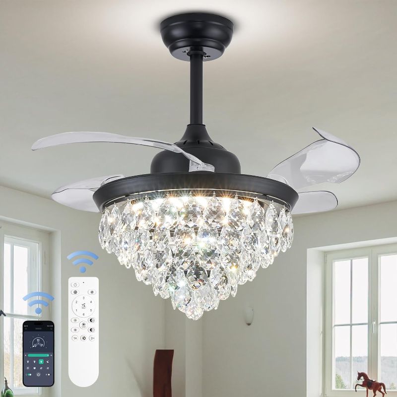 Photo 1 of 36" Modern Fandelier Ceiling Fan with Light Retractable Chandelier LED Light Fandelier Crystal Fandeliers Modern Chandelier Ceiling Fan 6 Speeds for Bedroom Living Room Dining Room,Black
