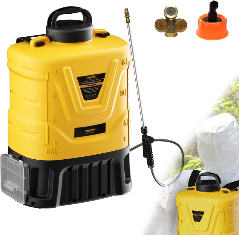 Photo 1 of Backpack Pump Sprayer, Mellif 4-Gal 70 PSI Garden Sprayer Compatible with Dewalt Battery (NOT Included), 2.6 FT Telescopic Wand & 3 Nozzles & Widened Shoulder Strap for Gardening, Washing, Cleaning
