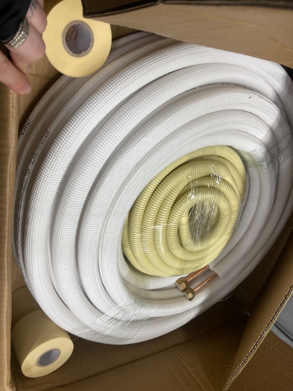 Photo 2 of 50ft Length Mini Split Line Set,1/4" 3/8" OD Copper Pipes Tubing and 3/8 White PE Thickened Insulated Coil with Flared Nuts for Mini Split Air Conditioner HVAC or Heat Pump System. (50Ft(1/4+3/8))