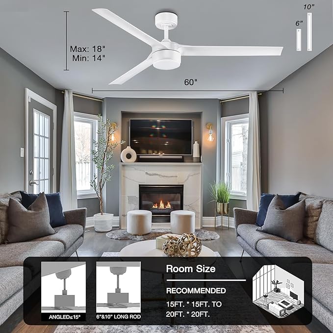 Photo 3 of (NON-REFUNDABLE) 60” Large Smart Ceiling Fans with LED Lights and Remote,Quiet DC Motor,6 Speed,Dimmable,Outdoor Indoor Matte White Ceiling Fan Controlled by WIFI Alexa App,Modern 3 Blade for Bedroom Living Room Patio 60 Inch-White