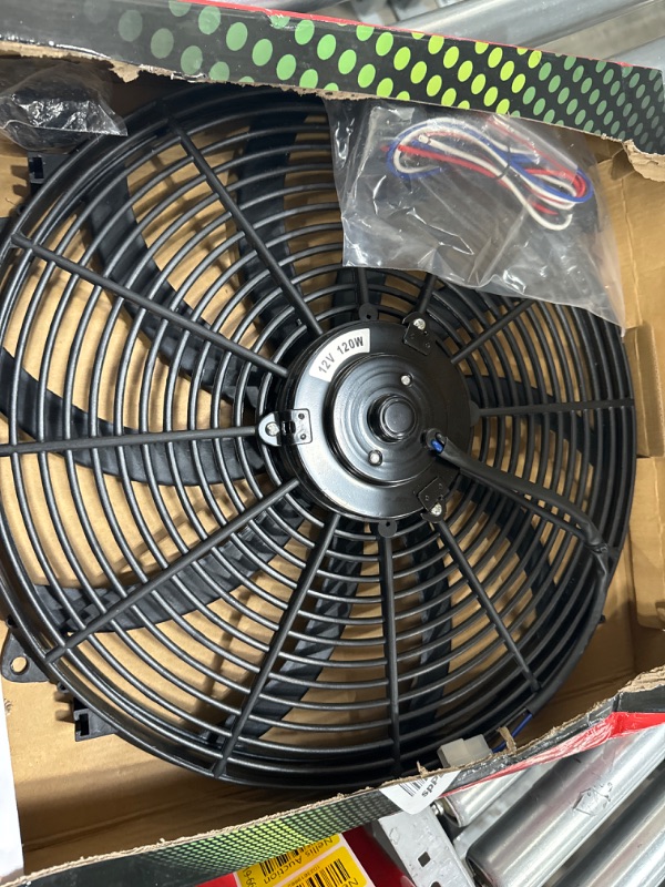 Photo 2 of 16" Black Electric Radiator Cooling Fan Wide S-Curved 10 Blades Thermostat Kit High 3000 CFM Reversible Push or Pull with Mounting Kit Heavy Duty 12Volts 16'' Black