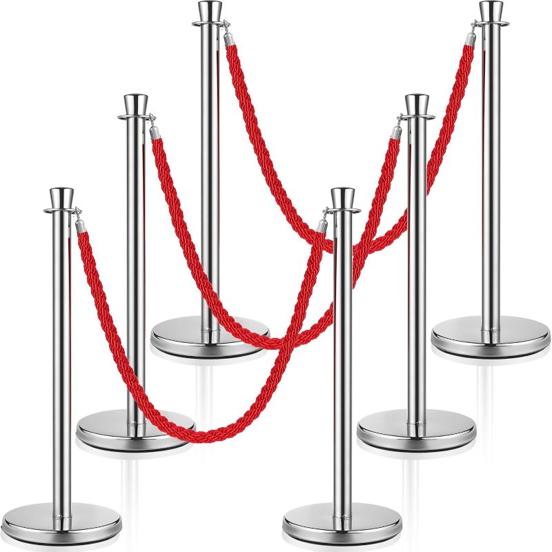 Photo 1 of Wesiti 6 Pcs Silver Stainless Steel Stanchion Post with 5 ft Red Braided Rope Crowd Control Stanchions Red Carpet Ropes and Poles Crowd Control Barriers for Party Concert Theater Hotels