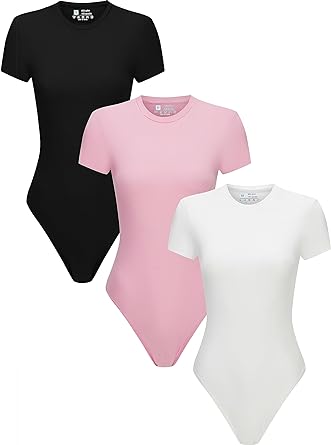 Photo 1 of 3 Piece Women's Ribbed V Neck Short Sleeve T Shirts Basic Tops Bodysuits Jumpsuit XXL