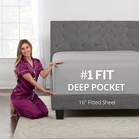 Photo 2 of Fitted Sheets Queen Size – Queen Fitted Sheet Only Deep Pocket Queen Fitted Sheet – Real 16” Fitted Bed Sheets Fit Perfectly 14”–18” Deep Mattress & Toppers – 1 Piece Bottom Fitted Sheet – Calm Grey [16" Deep] - Queen Calm Grey