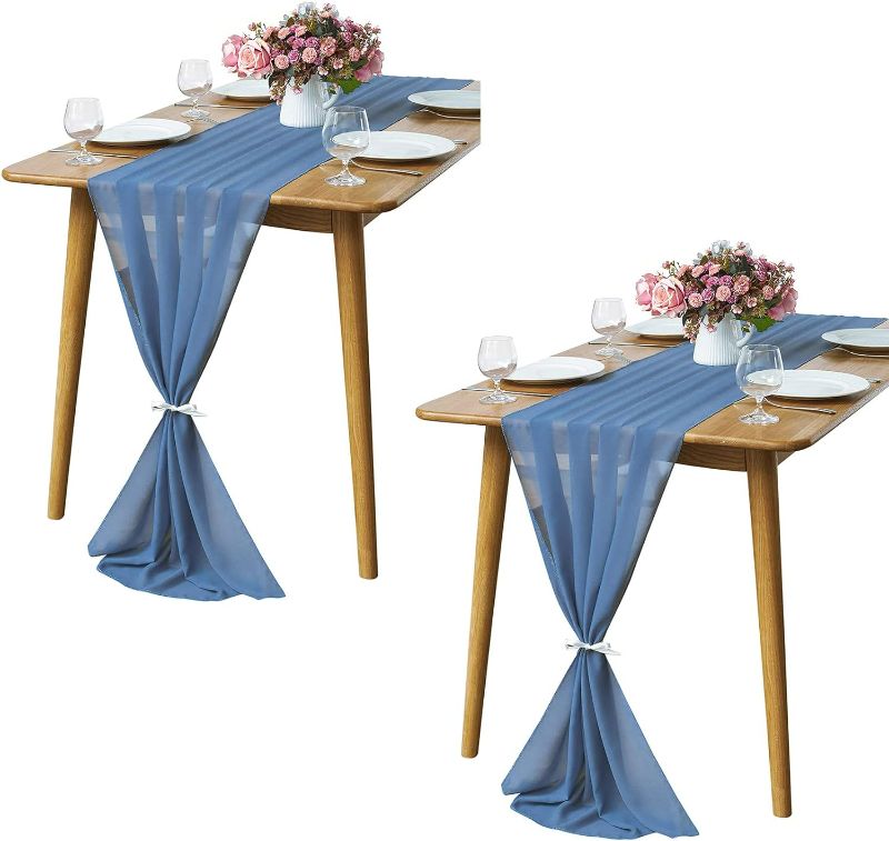 Photo 1 of (NON-REFUNDABLE) 2 Pack 10Ft Dusty Blue Grey Chiffon Table Runner Sheer 29x120 Inch for Romantic Wedding Decor Bridal & Baby Shower Birthday Rustic Party Decoration
