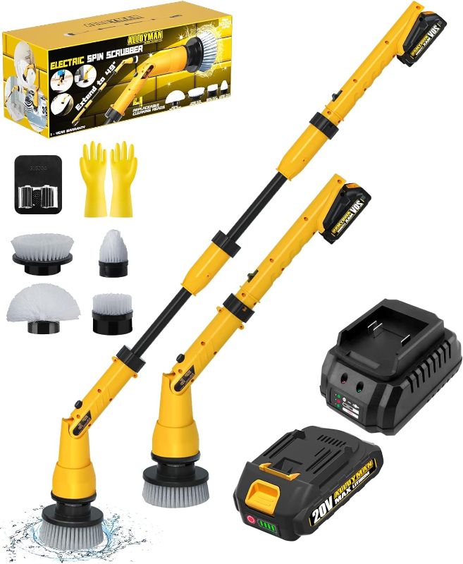 Photo 1 of 2 Battery Electric Spin Scrubber, 1000RPM Cordless Cleaning Brush Waterproof with 20V Power Supplied, Adjustable Extension Arm, 4 Replaceable Cleaning Heads, Hook, Gloves - for Tub/Tile/Wall/Floor