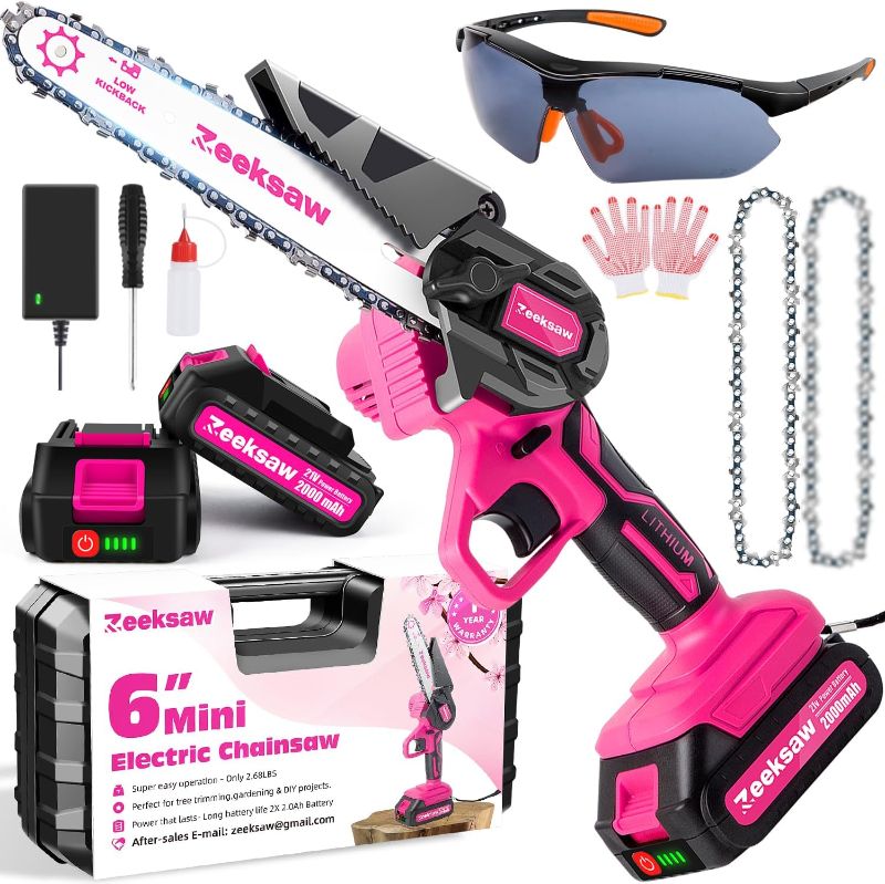 Photo 1 of 2024 Pink Mini Chainsaw Cordless 6 inch - Electric Handheld Chainsaw Battery Powered with Power Indicator - Rechargeable Mini Chain Saw Portable Small Chainsaw for Women, Yard Tools Gardening Gifts
