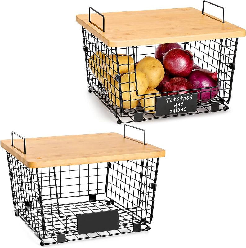 Photo 1 of 2 Set Stackable Wire Basket with Bamboo Top -Kitchen Counter, Pantry Organization and Storage - Cabinet, Shelf, Countertop Space Saving Organizing - Produce, Fruit, Onion, Potato, Bread Organizer Bin