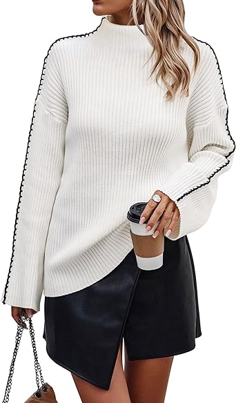 Photo 1 of KIRUNDO Women's 2024 Fall Mock Neck Long Sleeve Ribbed Knit Contrast Stitching Oversized Chunky Sweater Pullover Top
