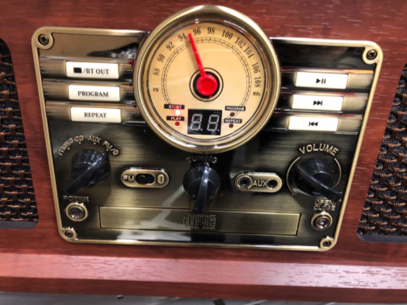 Photo 4 of Victrola Nostalgic 7-in-1 Bluetooth Record Player & Multimedia Center with Built-in Speakers - 3-Speed Turntable, CD & Cassette Player, AM/FM Radio, USB | Wireless Music Streaming | Mahogany Mahogany (USB) Entertainment Center