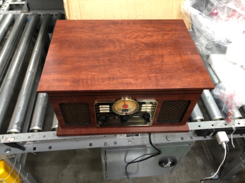 Photo 3 of Victrola Nostalgic 7-in-1 Bluetooth Record Player & Multimedia Center with Built-in Speakers - 3-Speed Turntable, CD & Cassette Player, AM/FM Radio, USB | Wireless Music Streaming | Mahogany Mahogany (USB) Entertainment Center