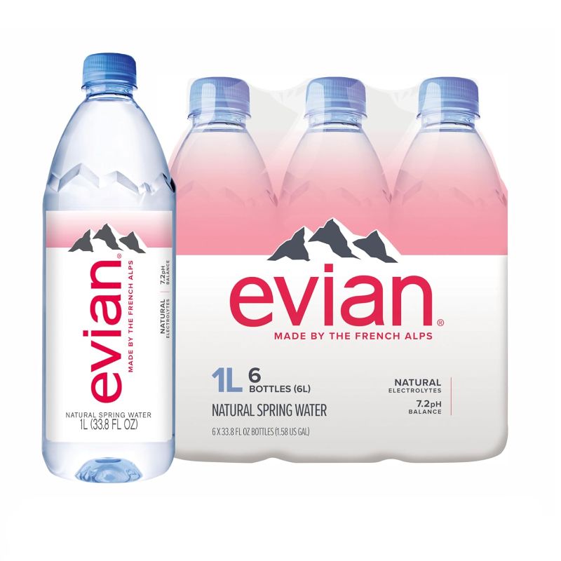 Photo 1 of evian Natural Spring Water, Naturally Filtered Spring Water in Large Bottles, 33.81 Fl Oz (Pack of 12)