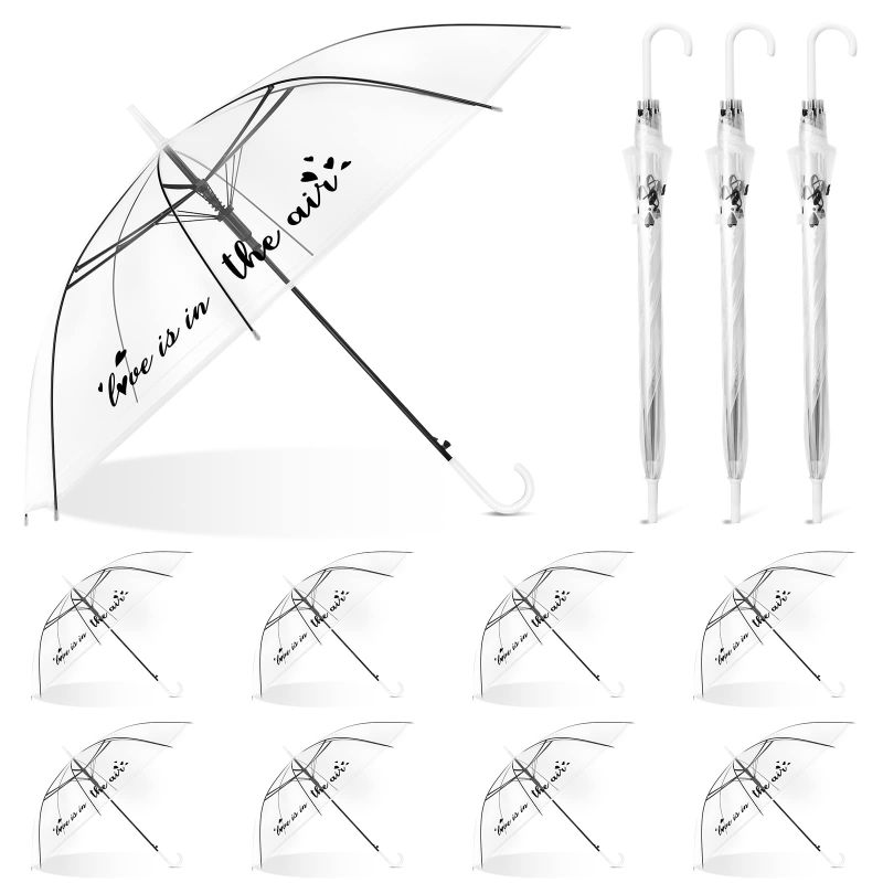 Photo 1 of 2PACK Clear Wedding Umbrellas Auto Open Stick Umbrella Love Is In The Air Umbrella Windproof Transparent Rain Umbrella with J Hook Handle for Bride Groom Wedding Bridal Shower Party Supplies Decor-