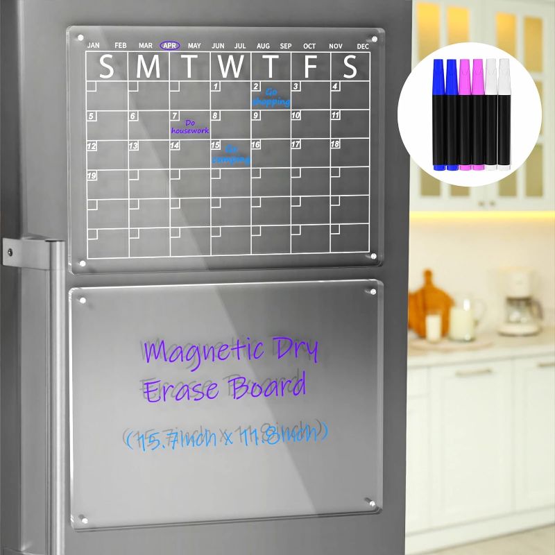 Photo 1 of Acrylic Calendar for Fridge, Magnetic Calendar for Refrigerator, Clear Set of 2 Dry Erase Board Calendar for Refrigerator Reusable Planner Boards (16"x12"Inches)